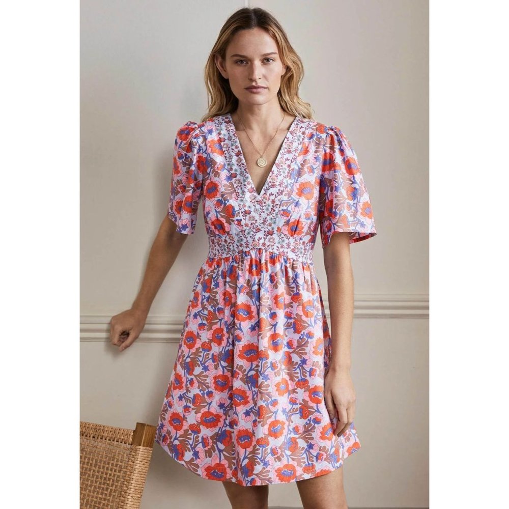 New Boden Size 6R V-Neck Contrast Detail Dress Dusty Blue, Terrace Bud Summer - Picture 1 of 15